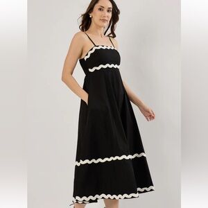 NWOT Black Spaghetti-Strap Midi Dress with White Trim
